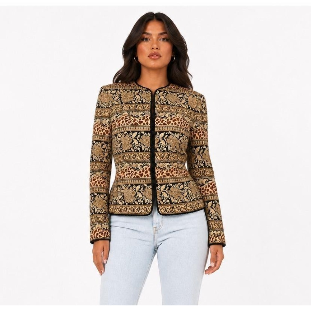 Adrianna Papell Baroque Silk Blazer Womens 8 Vintage Paisley Brown Jacket
